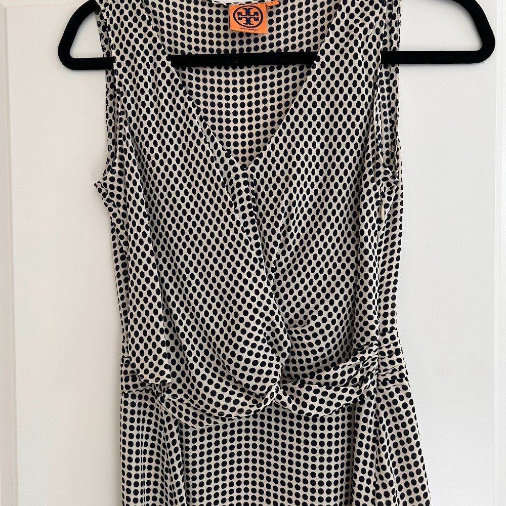 TORY BURCH Wrap front blue polka dot blouse. Size 6